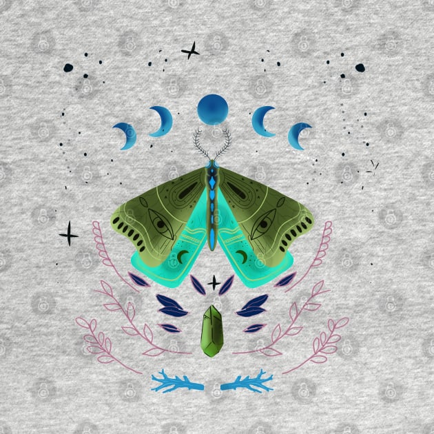 magical moons and luna moth , fantasy butterfly , fantasy moth illustration by coolouss